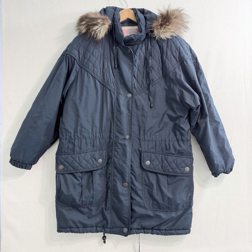 Utex 50 Womens S Navy Blue Insulated Parka Coat Fur Trim Hood Quilted Lining